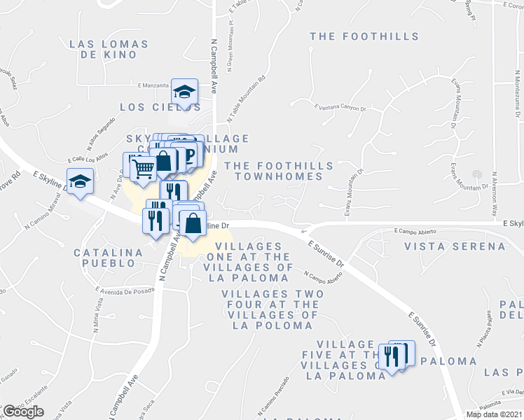 map of restaurants, bars, coffee shops, grocery stores, and more near 6439 North Foothills Drive in Tucson