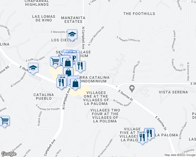 map of restaurants, bars, coffee shops, grocery stores, and more near 6414 North Tierra De Las Catalinas in Tucson