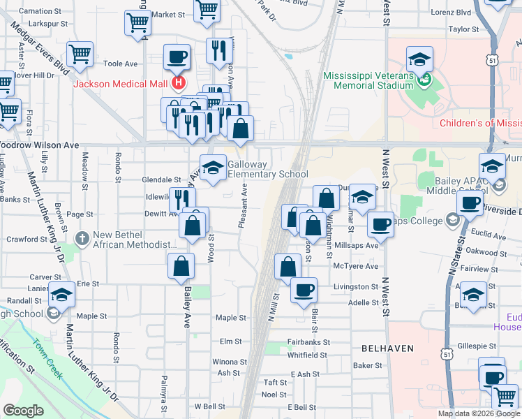 map of restaurants, bars, coffee shops, grocery stores, and more near 170 Dewitt Avenue in Jackson