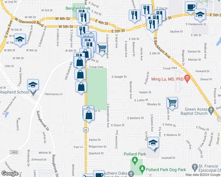 map of restaurants, bars, coffee shops, grocery stores, and more near 421 Hudson Street in Tyler