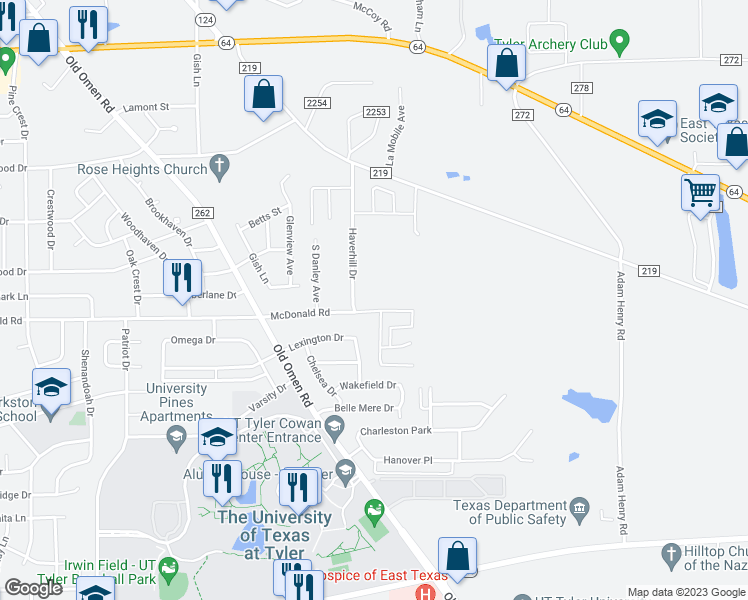 map of restaurants, bars, coffee shops, grocery stores, and more near 3940 McDonald Road in Tyler