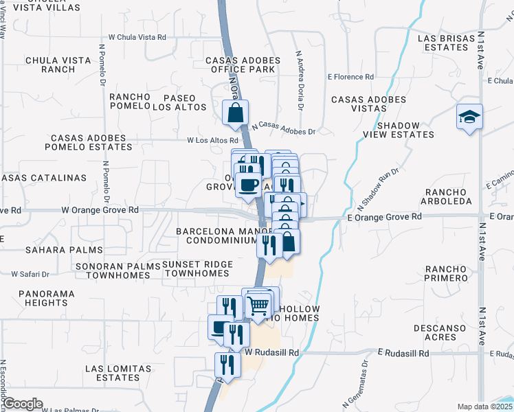 map of restaurants, bars, coffee shops, grocery stores, and more near 6401 Arizona 77 in Tucson