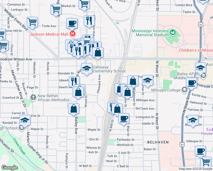 map of restaurants, bars, coffee shops, grocery stores, and more near 170 Dewitt Avenue in Jackson