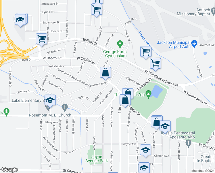 map of restaurants, bars, coffee shops, grocery stores, and more near 116 Galvez Street in Jackson