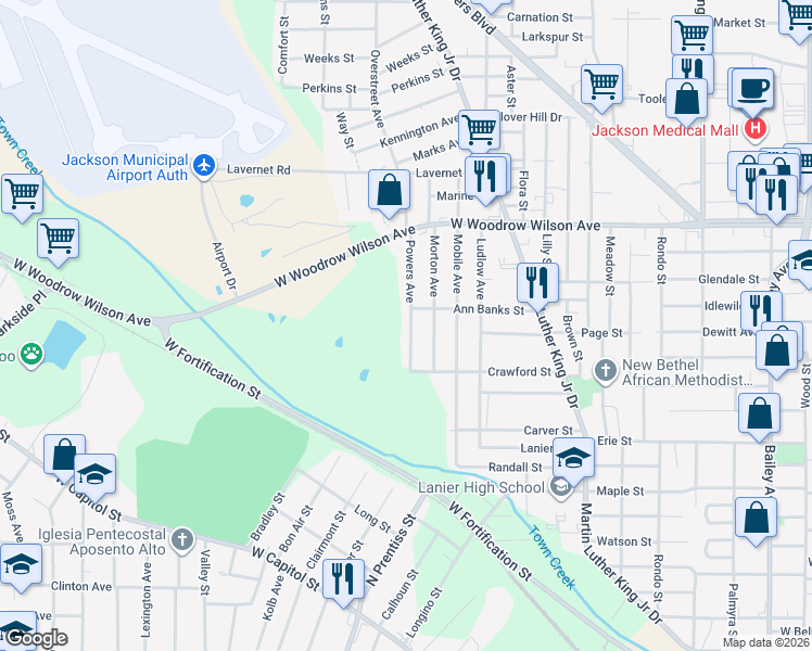 map of restaurants, bars, coffee shops, grocery stores, and more near 2153 Powers Avenue in Jackson