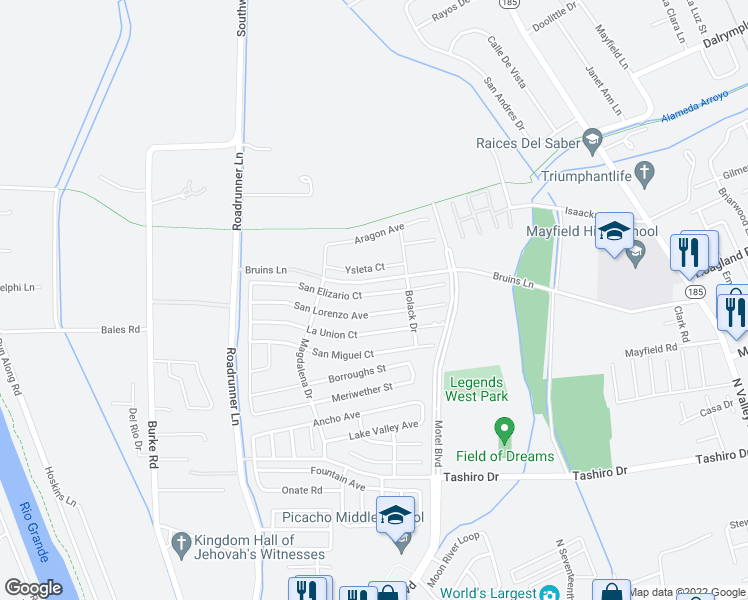 map of restaurants, bars, coffee shops, grocery stores, and more near 2873 San Elizario Court in Las Cruces