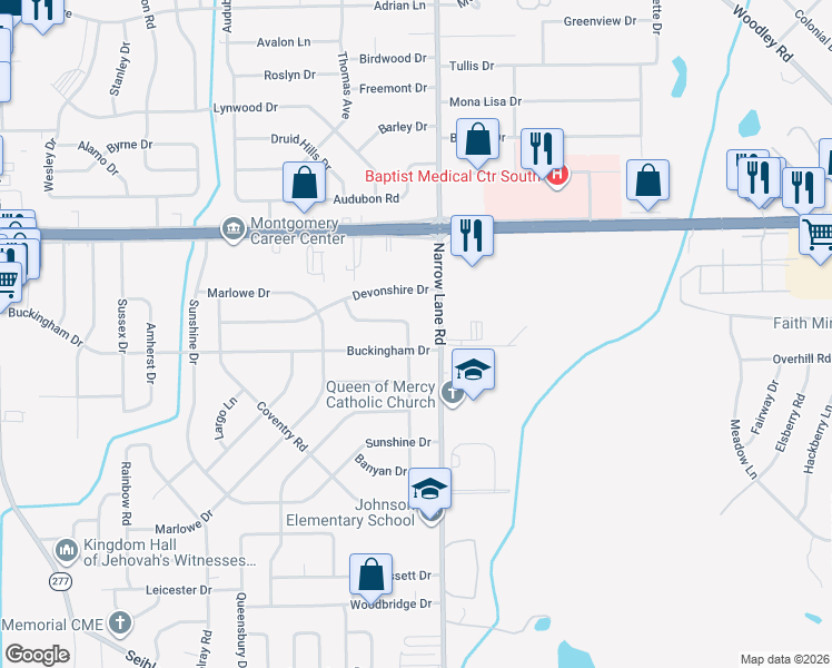 map of restaurants, bars, coffee shops, grocery stores, and more near 1375 Bancroft Avenue in Montgomery