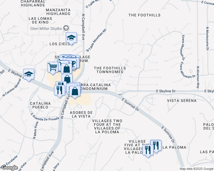 map of restaurants, bars, coffee shops, grocery stores, and more near 6439 North Foothills Drive in Tucson