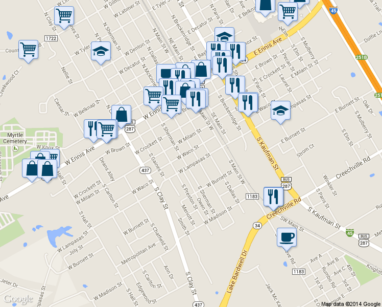 map of restaurants, bars, coffee shops, grocery stores, and more near 501 South McKinney Street in Ennis