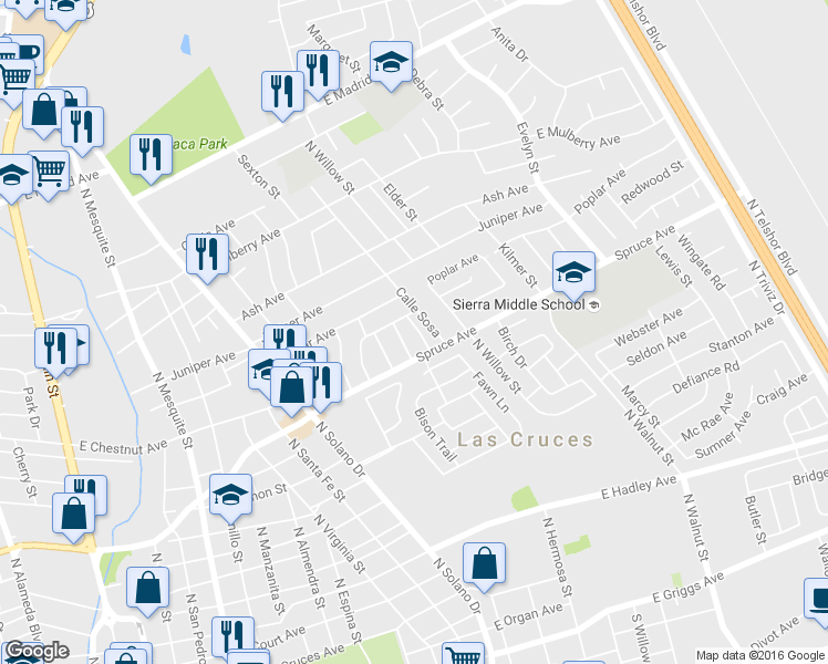 map of restaurants, bars, coffee shops, grocery stores, and more near 1350 Sexton Street in Las Cruces