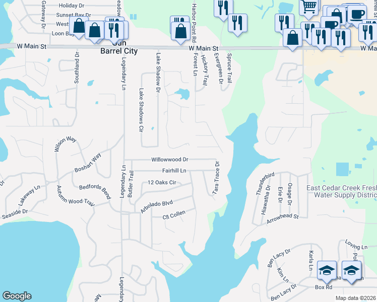 map of restaurants, bars, coffee shops, grocery stores, and more near 161 Tres Lagos Boulevard in Gun Barrel City