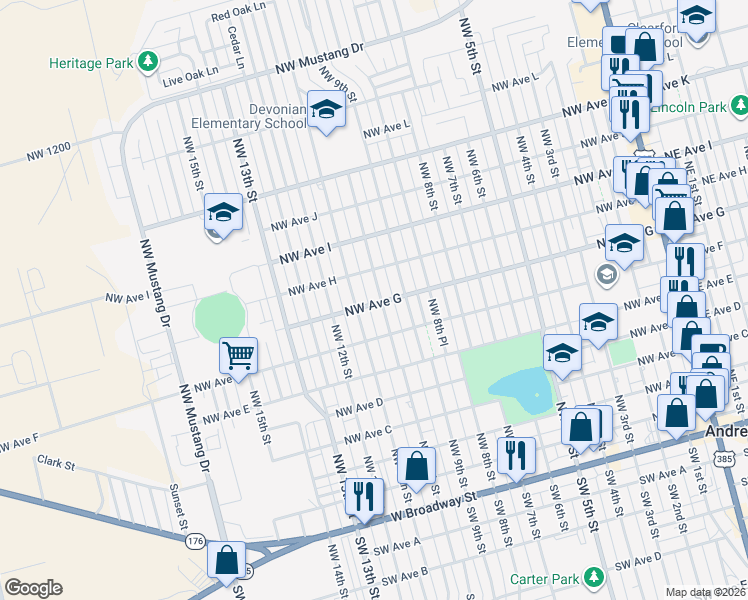 map of restaurants, bars, coffee shops, grocery stores, and more near 801 NW 10th St in Andrews