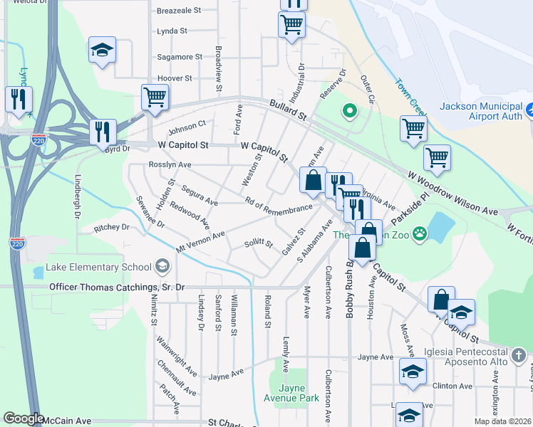 map of restaurants, bars, coffee shops, grocery stores, and more near 213 Road of Remembrance in Jackson
