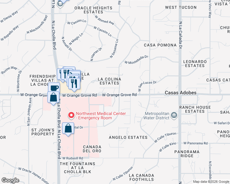 map of restaurants, bars, coffee shops, grocery stores, and more near 1810 West Orange Grove Road in Tucson