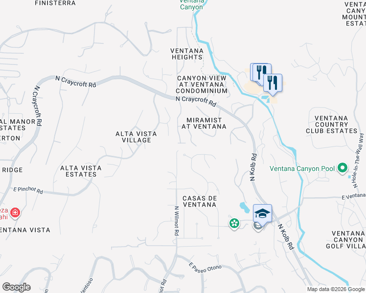 map of restaurants, bars, coffee shops, grocery stores, and more near 6415 North Vía Divina in Tucson