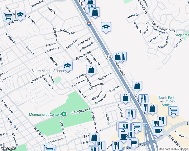 map of restaurants, bars, coffee shops, grocery stores, and more near 1874 Seldon Avenue in Las Cruces