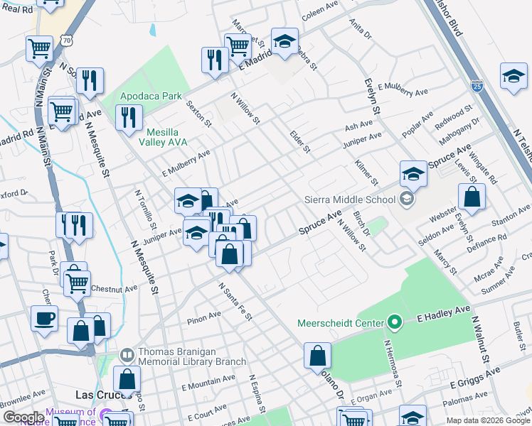 map of restaurants, bars, coffee shops, grocery stores, and more near 1125 Encino Avenue in Las Cruces