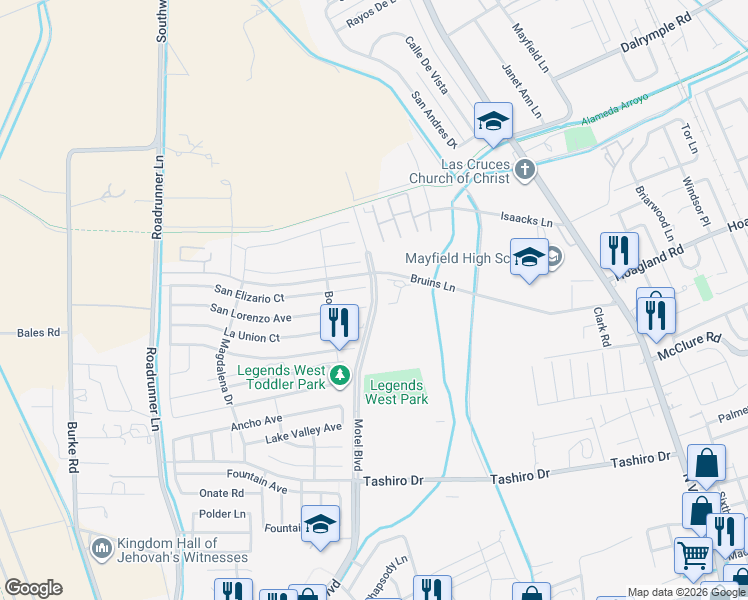map of restaurants, bars, coffee shops, grocery stores, and more near 2800 Sandia Court in Las Cruces