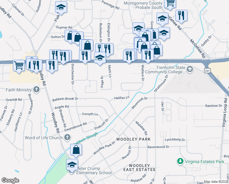 map of restaurants, bars, coffee shops, grocery stores, and more near 2824 Marti Ln in Montgomery