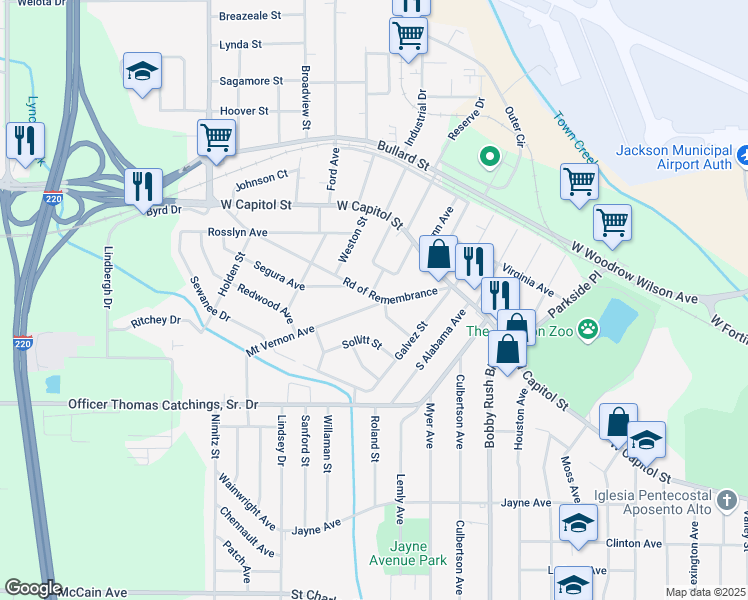 map of restaurants, bars, coffee shops, grocery stores, and more near 213 Road of Remembrance in Jackson