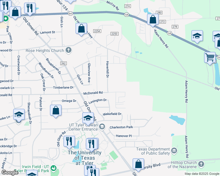 map of restaurants, bars, coffee shops, grocery stores, and more near 2438 Haverhill Drive in Tyler