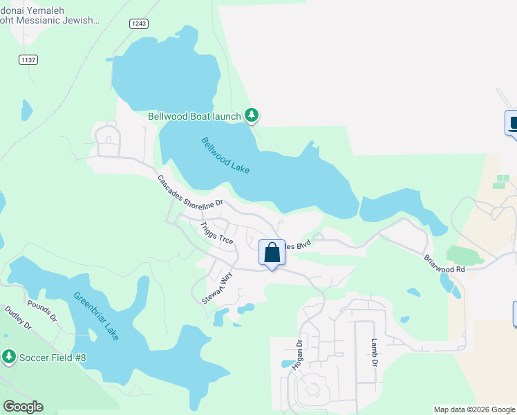map of restaurants, bars, coffee shops, grocery stores, and more near 4451 Cascades Shoreline Drive in Tyler