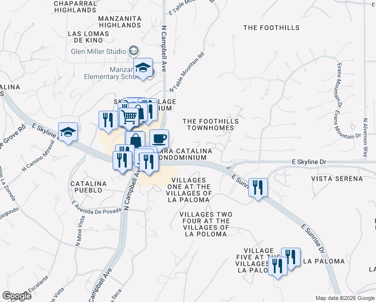 map of restaurants, bars, coffee shops, grocery stores, and more near 6414 North Tierra De Las Catalinas in Tucson