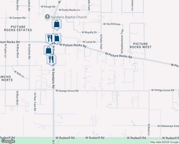 map of restaurants, bars, coffee shops, grocery stores, and more near 6536 North White Deer Lane in Tucson