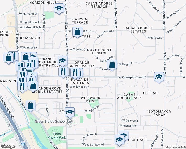 map of restaurants, bars, coffee shops, grocery stores, and more near 6401 North Lena Way in Tucson
