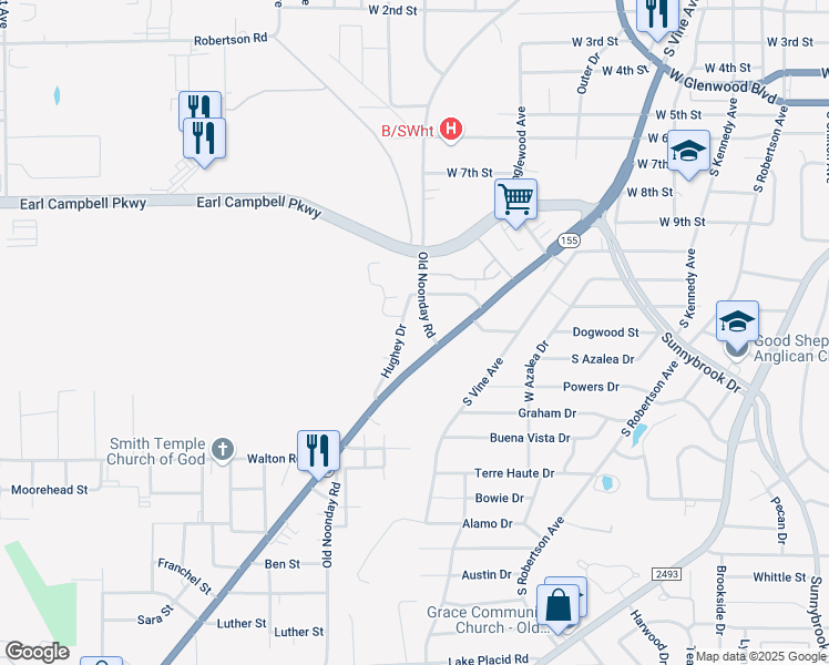 map of restaurants, bars, coffee shops, grocery stores, and more near 2408 Old Noonday Road in Tyler