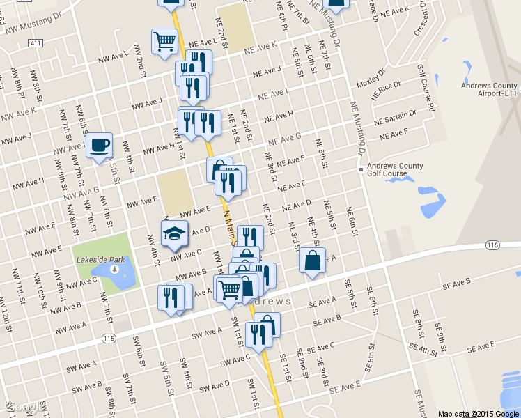 map of restaurants, bars, coffee shops, grocery stores, and more near 503 Northeast 2nd Street in Andrews