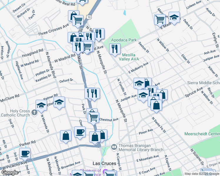 map of restaurants, bars, coffee shops, grocery stores, and more near 1517 North Mesquite Street in Las Cruces
