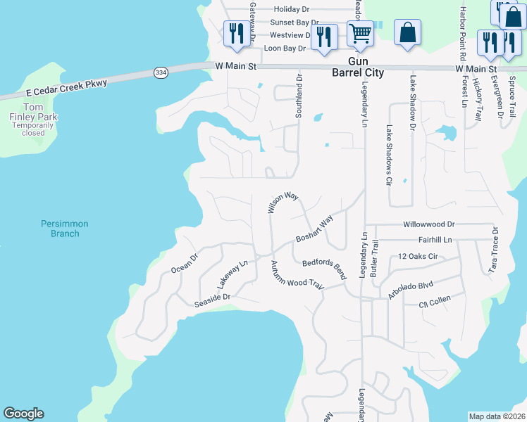 map of restaurants, bars, coffee shops, grocery stores, and more near 130 Wilson Way in Gun Barrel City