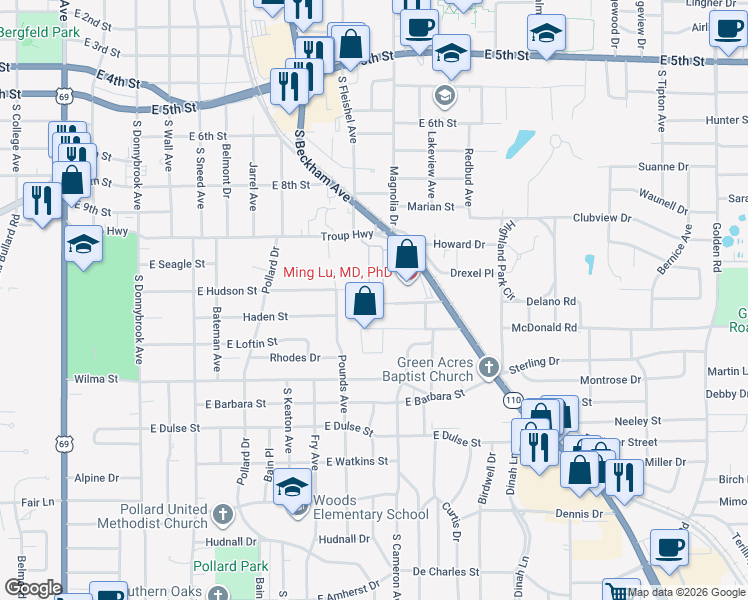 map of restaurants, bars, coffee shops, grocery stores, and more near 2418 Homestead Lane in Tyler