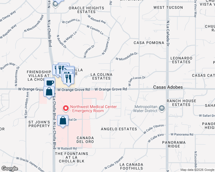 map of restaurants, bars, coffee shops, grocery stores, and more near 1810 West Orange Grove Road in Tucson