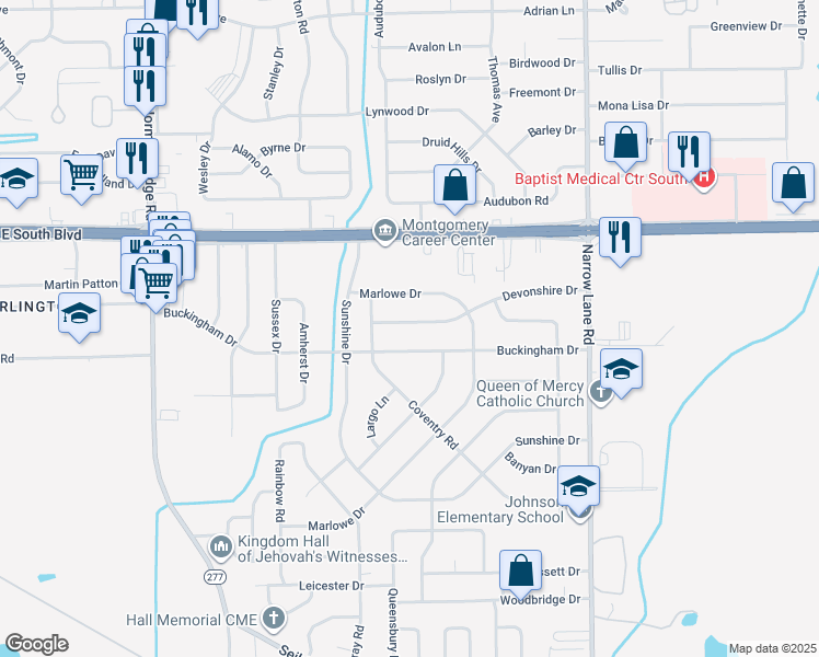 map of restaurants, bars, coffee shops, grocery stores, and more near 1126 Devonshire Drive in Montgomery