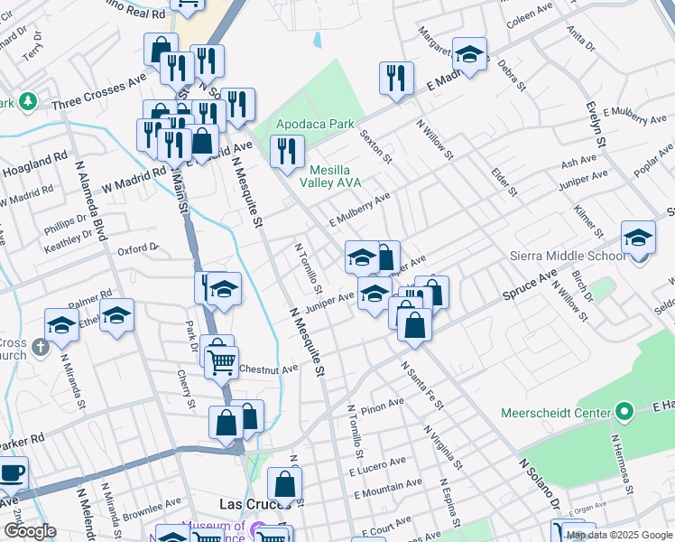 map of restaurants, bars, coffee shops, grocery stores, and more near 1605 Carrillo Court in Las Cruces