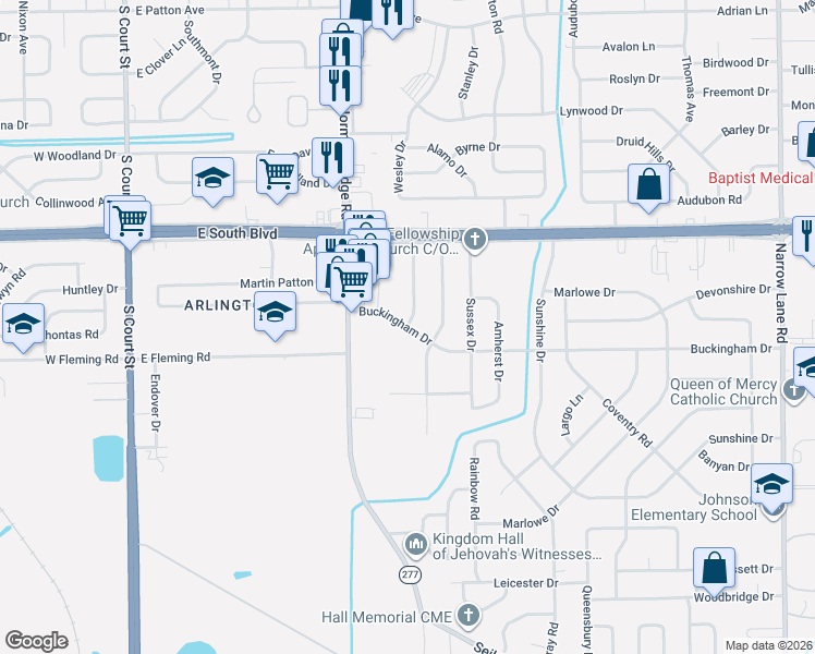 map of restaurants, bars, coffee shops, grocery stores, and more near 601 Buckingham Drive in Montgomery