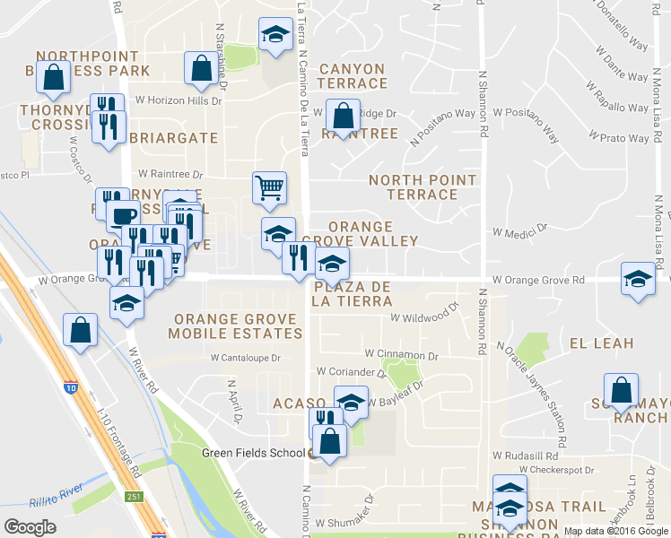 map of restaurants, bars, coffee shops, grocery stores, and more near 3318 W Orange Grove Rd in Tucson