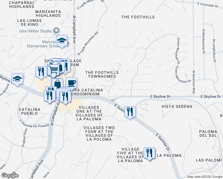 map of restaurants, bars, coffee shops, grocery stores, and more near 6440 North Foothills Drive in Tucson
