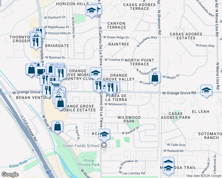 map of restaurants, bars, coffee shops, grocery stores, and more near 3318 West Orange Grove Road in Tucson