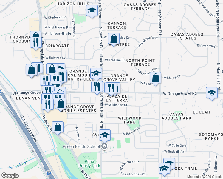 map of restaurants, bars, coffee shops, grocery stores, and more near 3318 West Orange Grove Road in Tucson