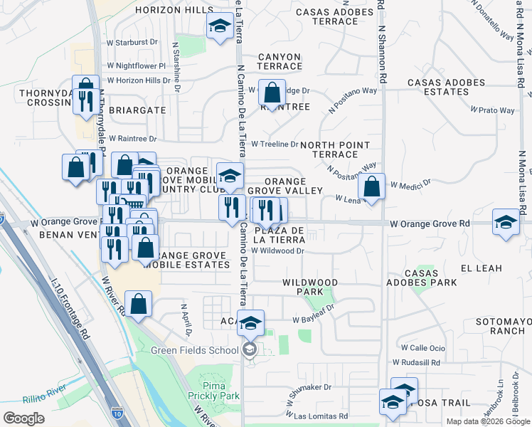 map of restaurants, bars, coffee shops, grocery stores, and more near 3318 West Orange Grove Road in Tucson