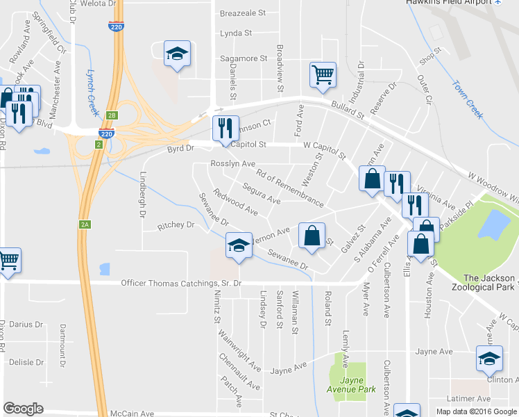map of restaurants, bars, coffee shops, grocery stores, and more near 246 Redwood Avenue in Jackson