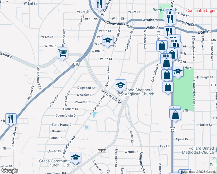 map of restaurants, bars, coffee shops, grocery stores, and more near 2429 South Robertson Avenue in Tyler