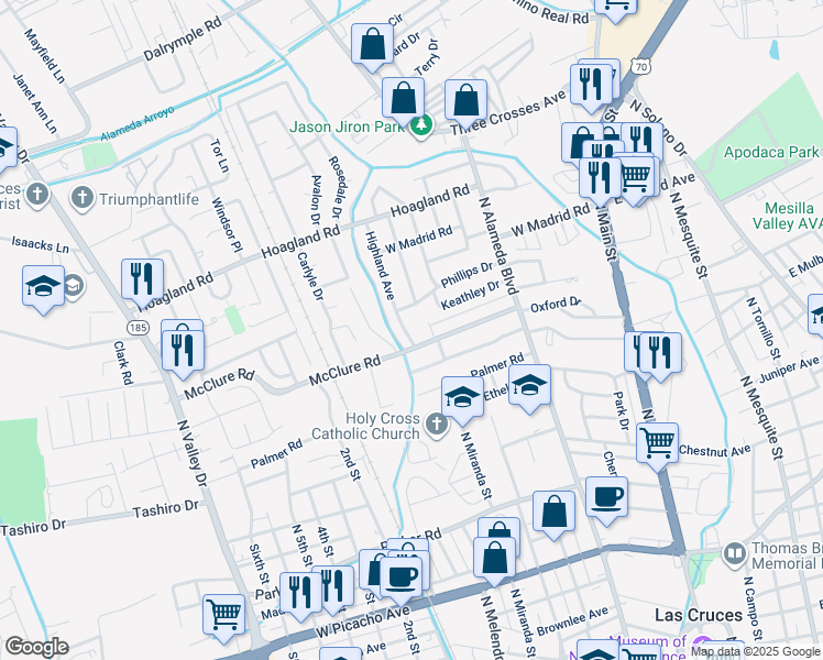 map of restaurants, bars, coffee shops, grocery stores, and more near 1758 Highland Avenue in Las Cruces