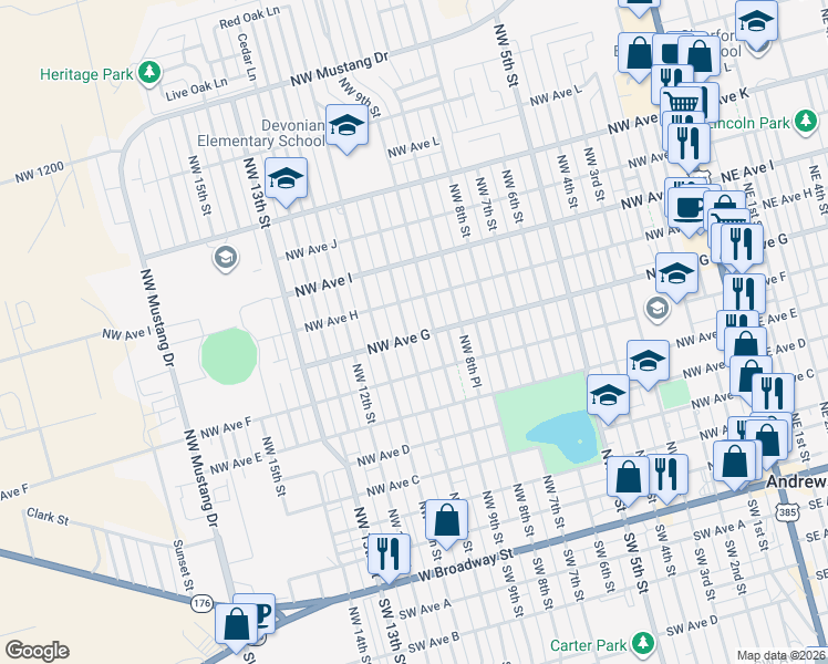 map of restaurants, bars, coffee shops, grocery stores, and more near 801 Northwest 10th Street in Andrews