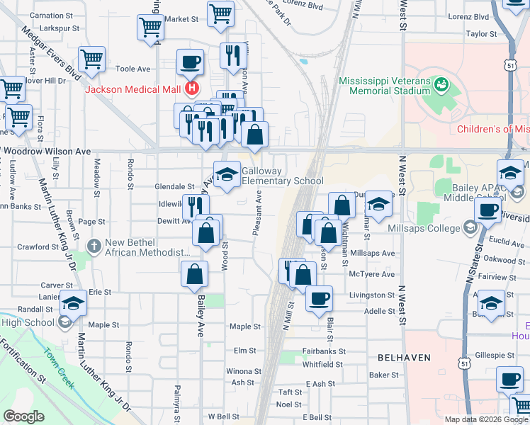 map of restaurants, bars, coffee shops, grocery stores, and more near 170 Dewitt Avenue in Jackson