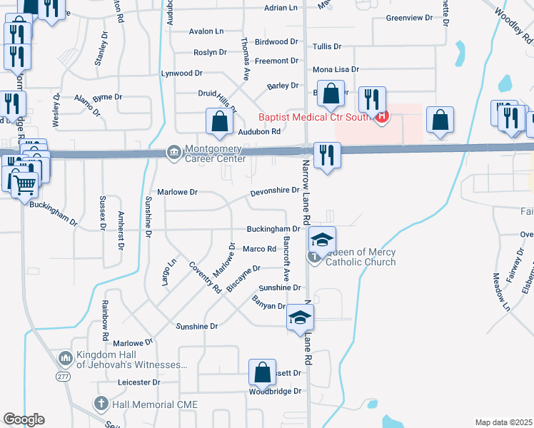 map of restaurants, bars, coffee shops, grocery stores, and more near 1336 Bancroft Avenue in Montgomery