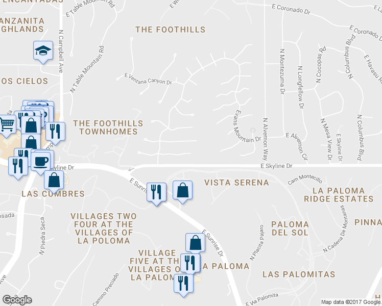 map of restaurants, bars, coffee shops, grocery stores, and more near 3575 East Guthrie Mountain Place in Tucson